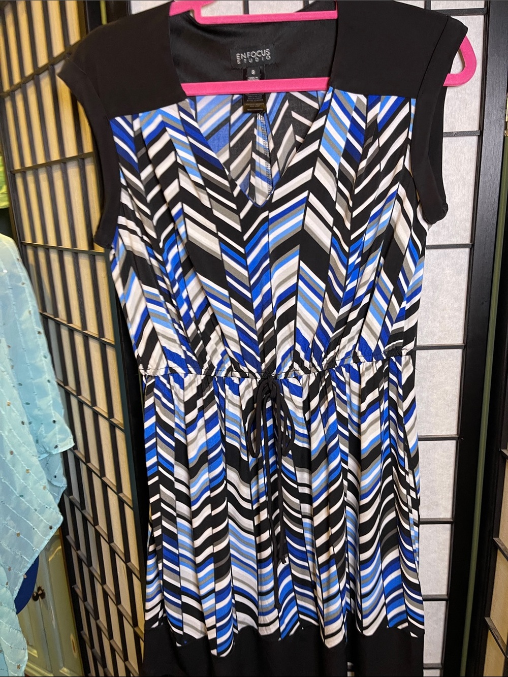 Enfocus Studio Black, Blue and White Chevron Drawstring Dress